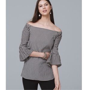 White House Black Market Black and White Of The Shoulder Gingham Blouse SZ SM